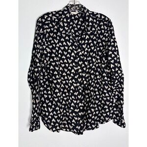 Lucky Brand Womens Heart Print Button Down Shirt Long Sleeve Navy Cream Large